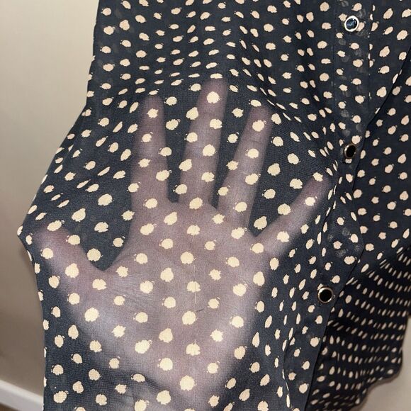 AGB Women's Sheer Polka Dot Button Up Blouse Black/Tan XL Oversized Preppy Twee - Picture 2 of 10